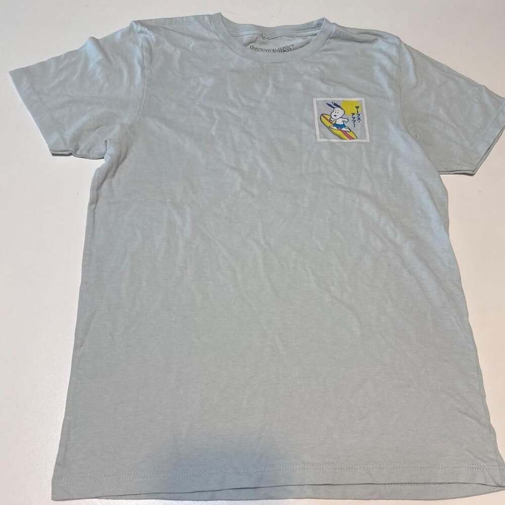 Peanuts Snoopy Surfing Japanese Text Graphic T-Shirt Light Blue XL
